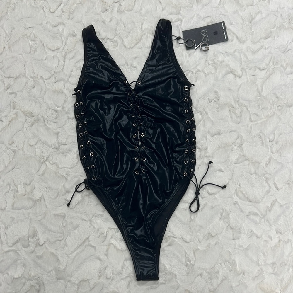 OMG Swimwear One Piece‎ Shiny Black Sexy Tie Up SwimSuit Sz M